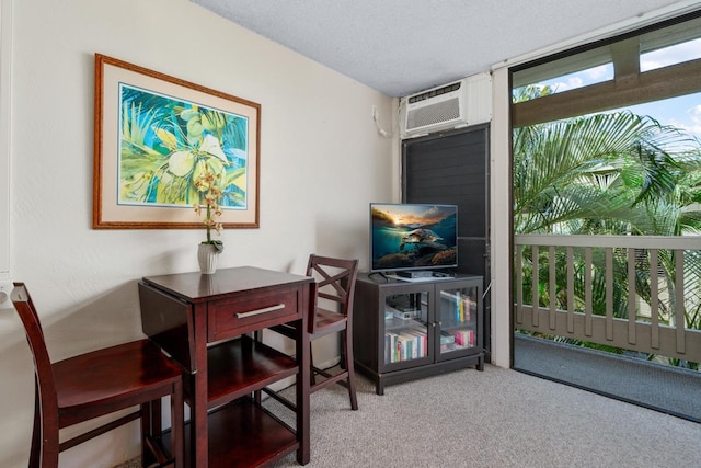 interior space with a wall mounted AC and a textured ceiling