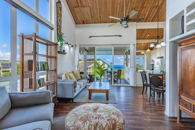 living room with wood ceiling, dark hardwood / wood-style floors, ceiling fan with notable chandelier, and high vaulted ceiling