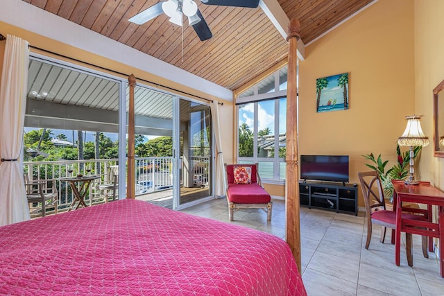 bedroom with ceiling fan, vaulted ceiling, multiple windows, and access to outside