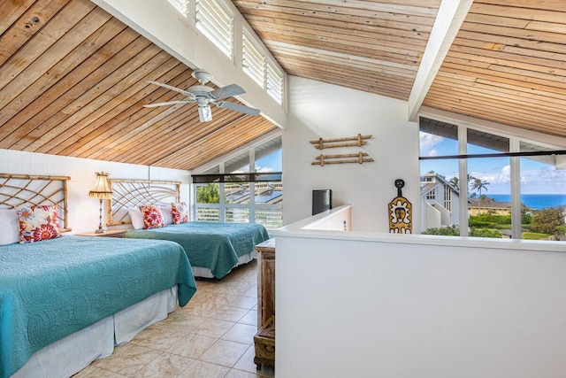 tiled bedroom with high vaulted ceiling, ceiling fan, wood ceiling, a water view, and beam ceiling