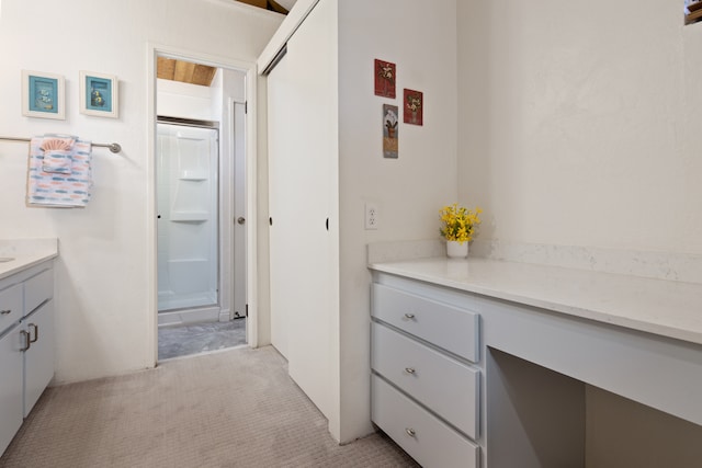 bathroom featuring vanity and walk in shower