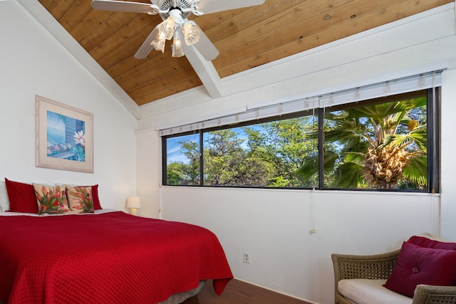 bedroom with lofted ceiling, hardwood / wood-style flooring, wooden ceiling, and ceiling fan