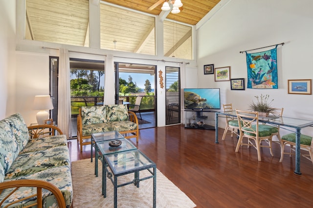 living room with wood ceiling, wood-type flooring, and high vaulted ceiling