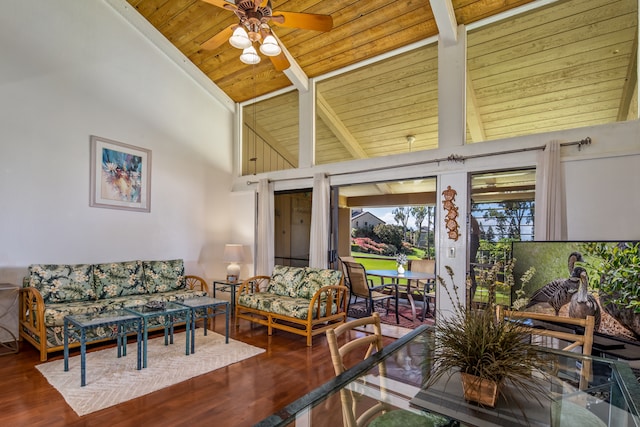 living room with ceiling fan, high vaulted ceiling, wood-type flooring, and wood ceiling