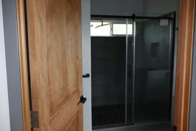 bathroom featuring a shower with door