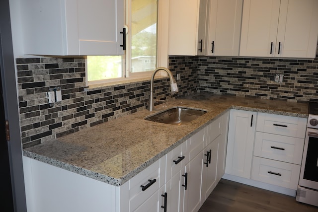 kitchen featuring light stone countertops, dark hardwood / wood-style flooring, tasteful backsplash, sink, and white cabinets