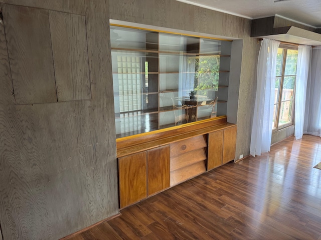 bar with dark hardwood / wood-style floors