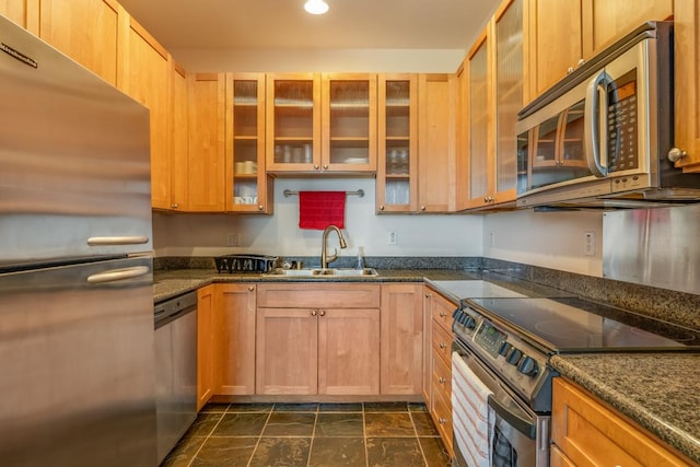 kitchen with sink, stainless steel appliances, and dark stone counters