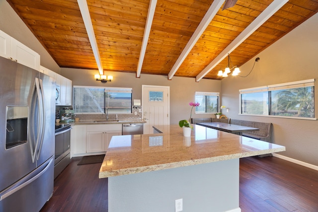 kitchen featuring sink, hanging light fixtures, stainless steel appliances, white cabinets, and wood ceiling