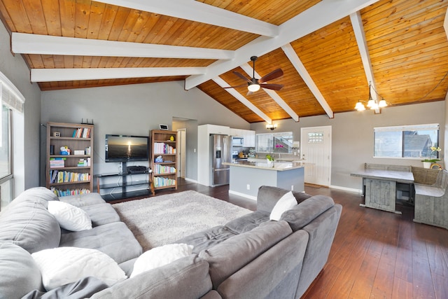 living room featuring vaulted ceiling with beams, dark hardwood / wood-style floors, wood ceiling, and ceiling fan with notable chandelier