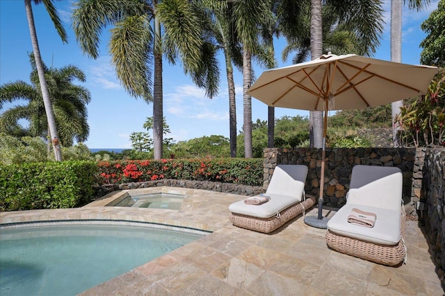 view of pool featuring a patio and an in ground hot tub