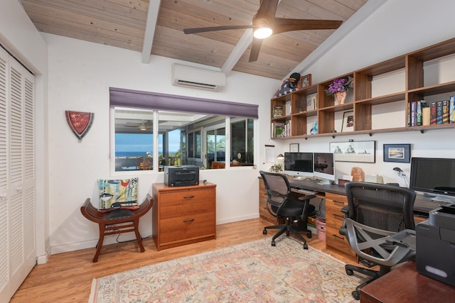 office with light wood-type flooring, a wall unit AC, wood ceiling, and lofted ceiling with beams