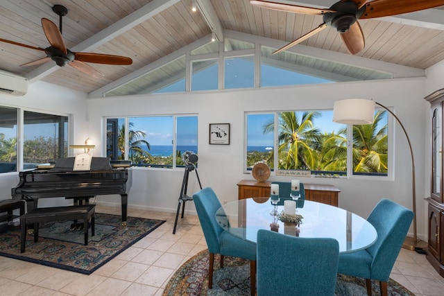 tiled dining area with ceiling fan, wooden ceiling, a wall unit AC, and beamed ceiling