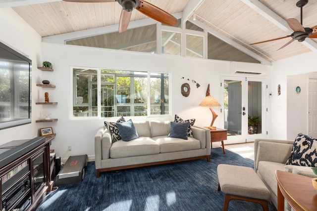 living room featuring ceiling fan, wooden ceiling, french doors, and vaulted ceiling with beams