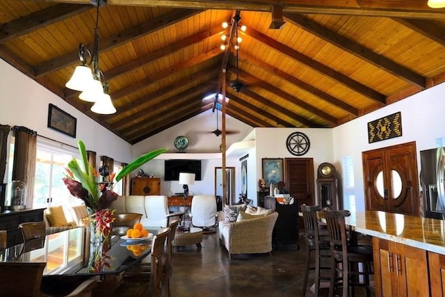 dining room with high vaulted ceiling, beam ceiling, and wood ceiling