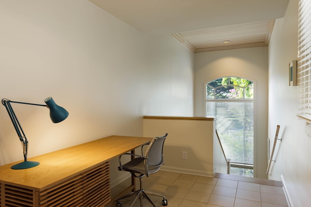 tiled home office with built in desk and ornamental molding