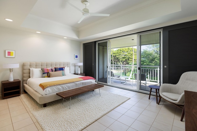 tiled bedroom featuring access to exterior, ornamental molding, a raised ceiling, and ceiling fan