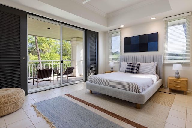 bedroom featuring crown molding, a tray ceiling, access to outside, and light tile patterned floors