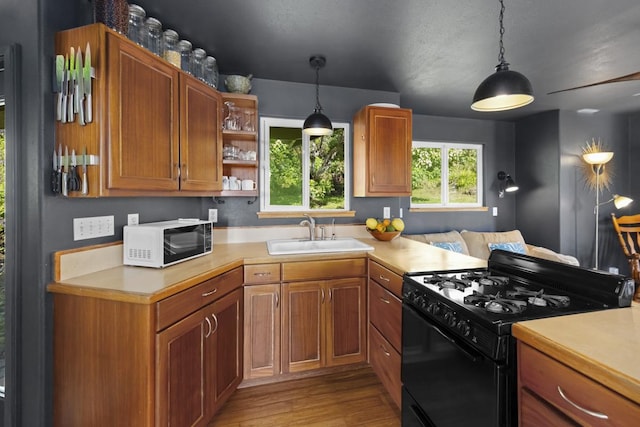 kitchen featuring pendant lighting, sink, light hardwood / wood-style flooring, and black gas range oven