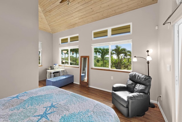 bedroom with high vaulted ceiling, dark hardwood / wood-style floors, and wood ceiling