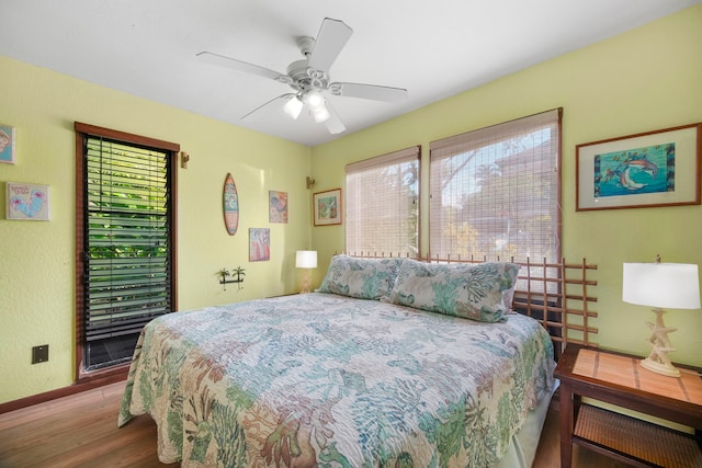 bedroom with ceiling fan and light wood-type flooring