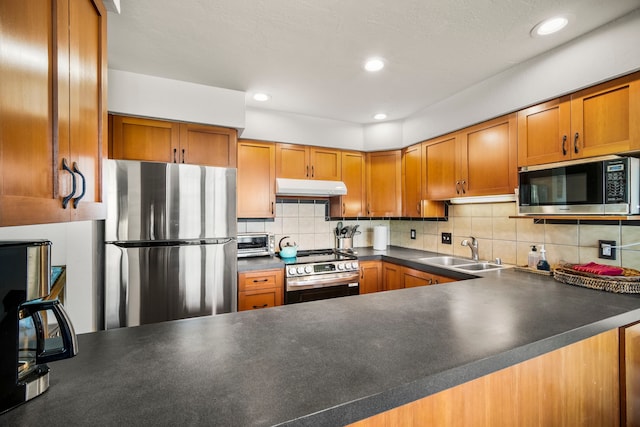 kitchen with stainless steel appliances, sink, and decorative backsplash