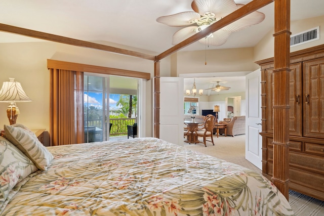 bedroom with ceiling fan, light colored carpet, and access to exterior