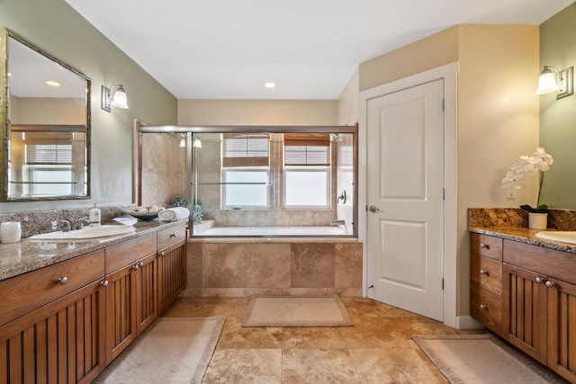 bathroom featuring vanity and plus walk in shower