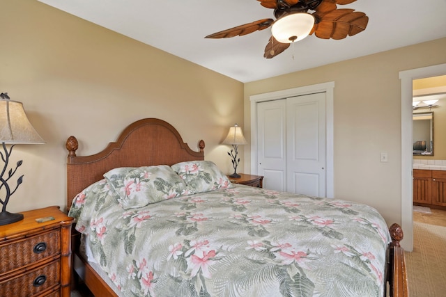 bedroom with ceiling fan and a closet