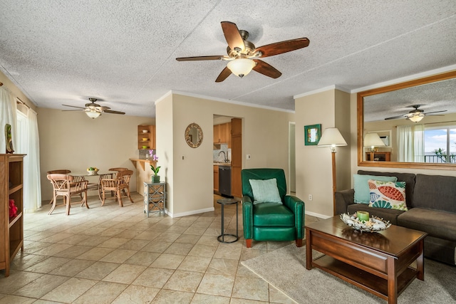 tiled living room featuring sink and ornamental molding