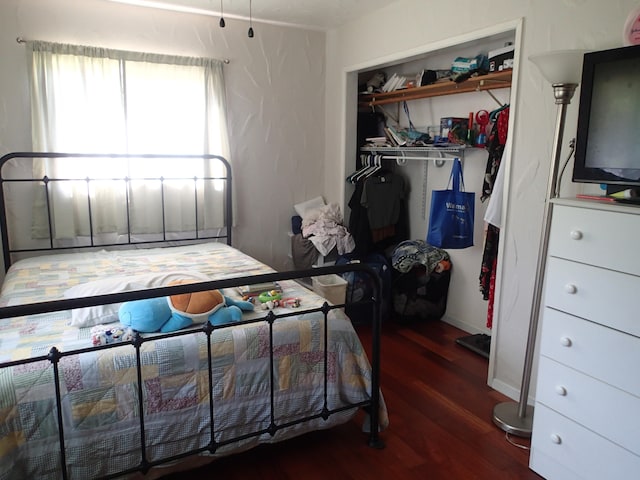 bedroom featuring dark wood-type flooring and a closet