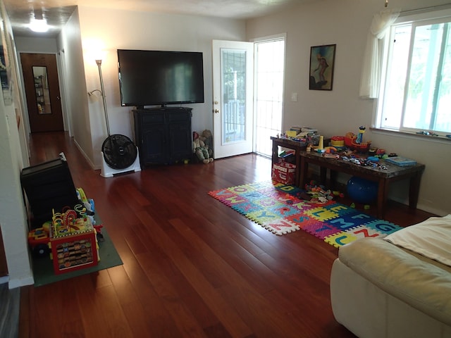 living room with dark hardwood / wood-style flooring