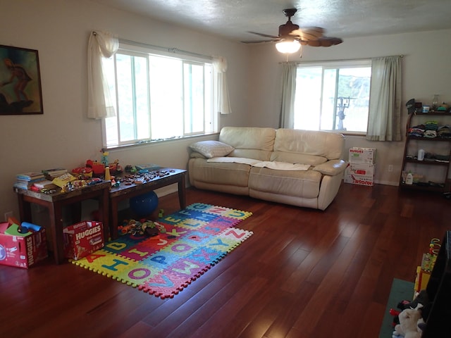 living room with dark hardwood / wood-style floors and ceiling fan