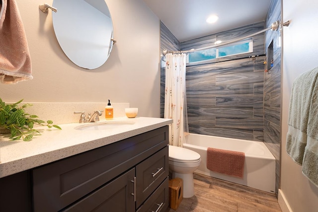 full bathroom with toilet, vanity, shower / bath combo, and hardwood / wood-style flooring