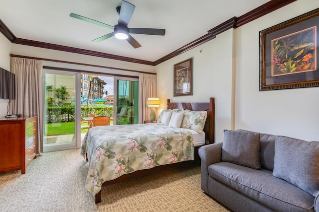 bedroom featuring crown molding, ceiling fan, carpet, and access to outside