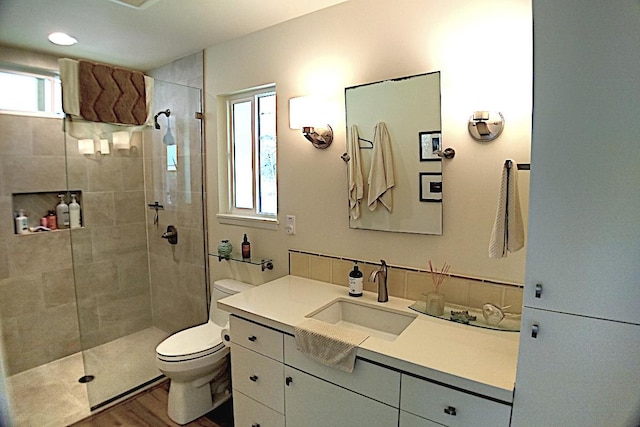 bathroom with toilet, a healthy amount of sunlight, hardwood / wood-style flooring, and vanity