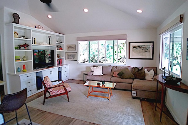 living room featuring vaulted ceiling and hardwood / wood-style floors