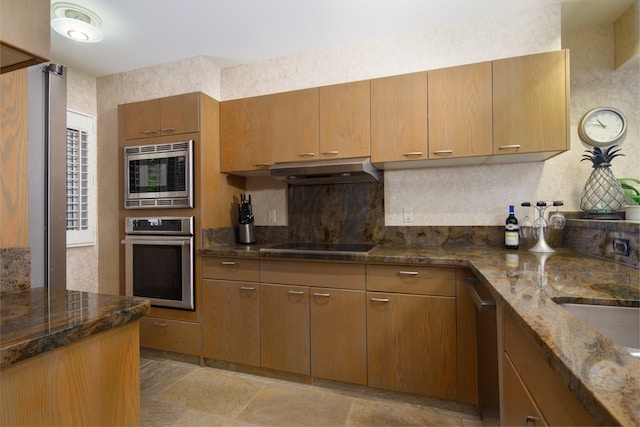 kitchen with tasteful backsplash, appliances with stainless steel finishes, and dark stone counters