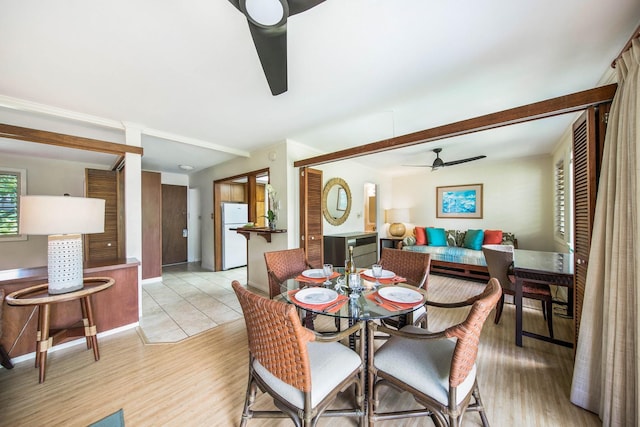 dining area with ceiling fan and light hardwood / wood-style flooring