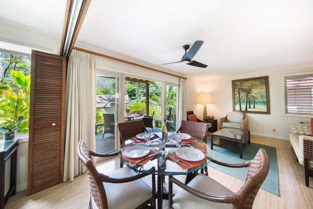 dining space with light hardwood / wood-style floors, crown molding, and ceiling fan