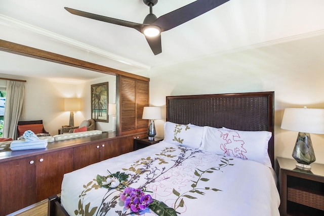 bedroom featuring ceiling fan and crown molding