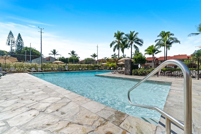 view of swimming pool featuring a patio area