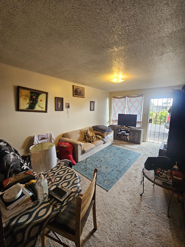 living room featuring a textured ceiling and carpet flooring