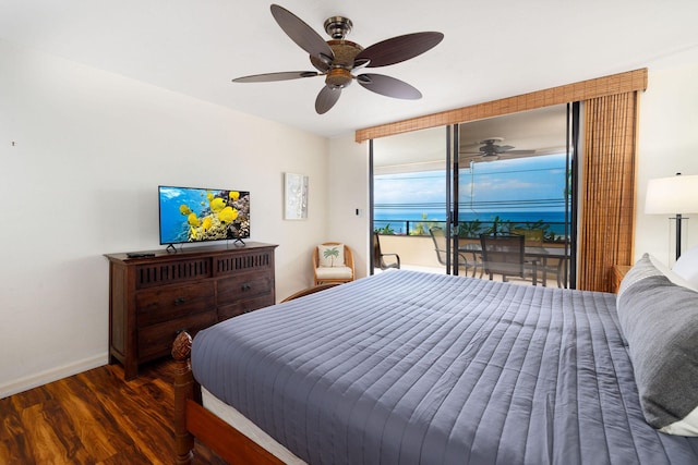 bedroom with access to outside, dark hardwood / wood-style floors, and ceiling fan