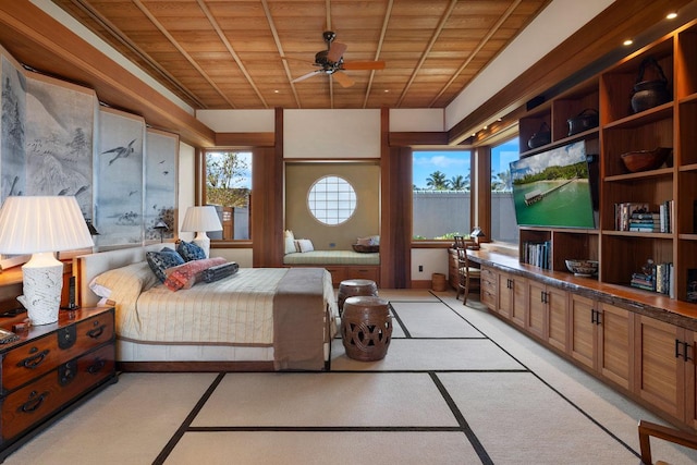 bedroom with wood ceiling, built in desk, and multiple windows