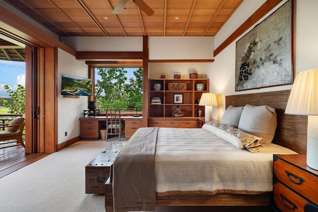 bedroom featuring wood ceiling, access to exterior, and multiple windows