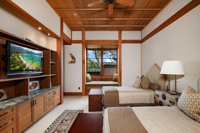 carpeted bedroom featuring wooden ceiling