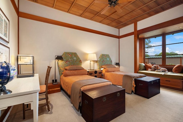 carpeted bedroom with wood ceiling