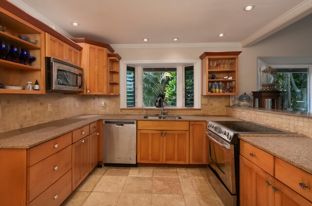 kitchen with stainless steel appliances, ornamental molding, sink, and light stone counters