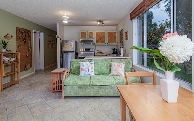 living room featuring sink, a textured ceiling, and a healthy amount of sunlight